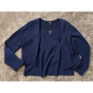 Eileen Fisher Navy 2 pc Open Front Cardigan Knit Faux Wrap Cami Set‎ XL